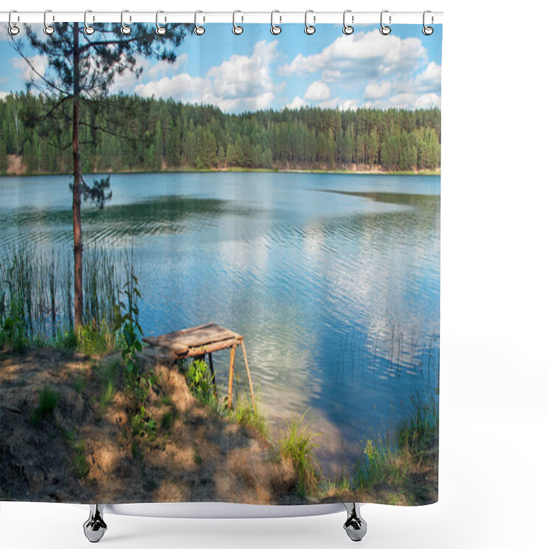 Personality  View Of The Lake In A Pine Forest. Shower Curtains