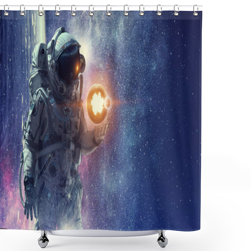 Personality  Spaceman And His Mission. Mixed Media Shower Curtains