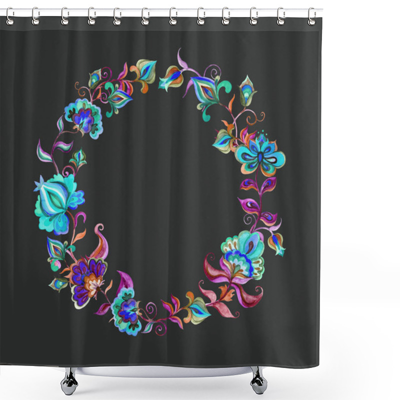 Personality  Eastern European Floral Wreath - Round Border With Stylized Delicate Flowers. Watercolor Ring At Dark Background Shower Curtains