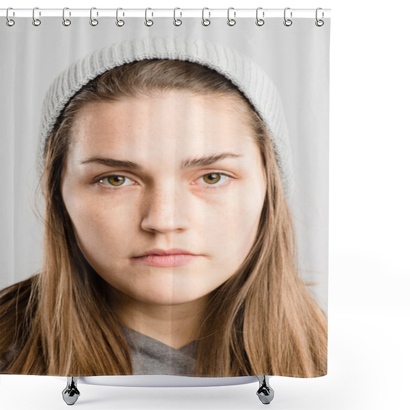 Personality  Serious Woman Portrait Real High Definition Grey Backgrou Shower Curtains