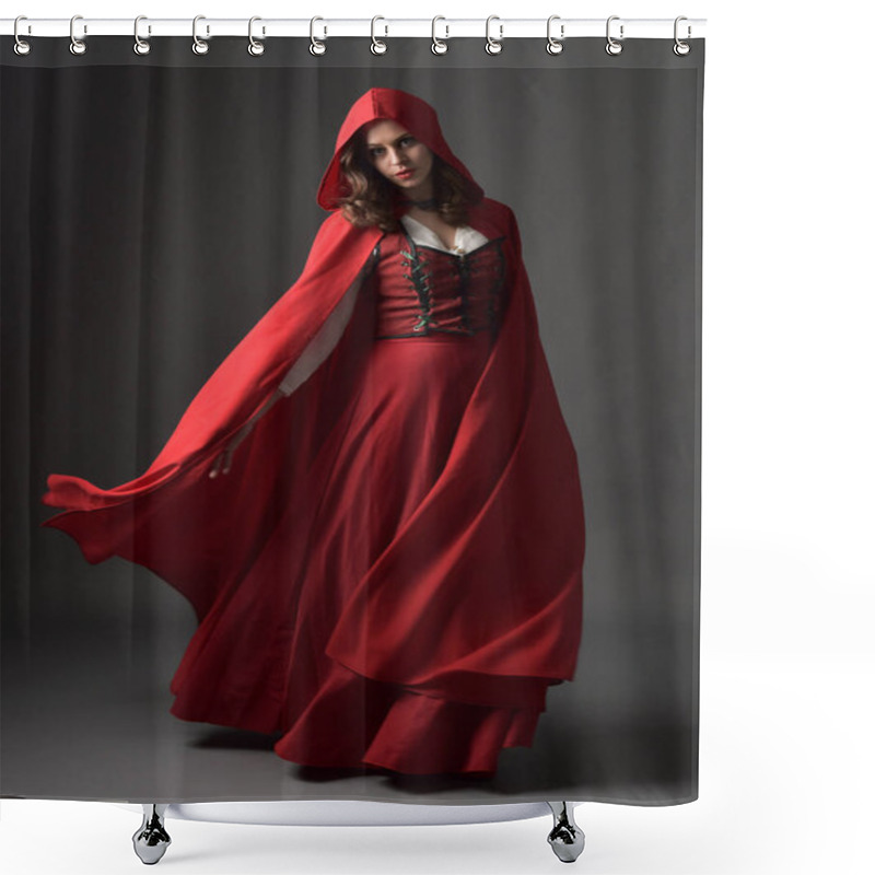 Personality  Full Length Portrait Of Beautiful Brunette Woman Wearing Red Medieval Fantasy Costume With Long Skirt And Flowing Hooded Cloak.Standing Pose With Gestural Hand Poses, Isolated On Grey Studio Background. Shower Curtains