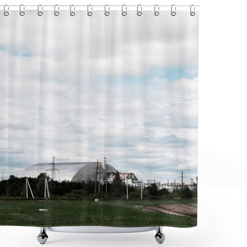 Personality  PRIPYAT, UKRAINE - AUGUST 15, 2019: Abandoned Chernobyl Reactor Near Green Trees Against Sky With Clouds  Shower Curtains