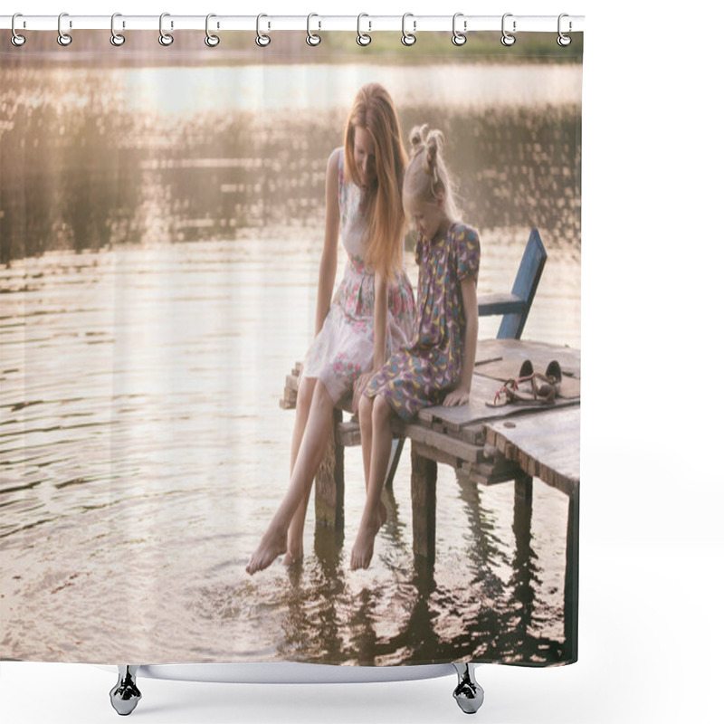 Personality  Mother And Daughter Sitting On The Pier  Shower Curtains