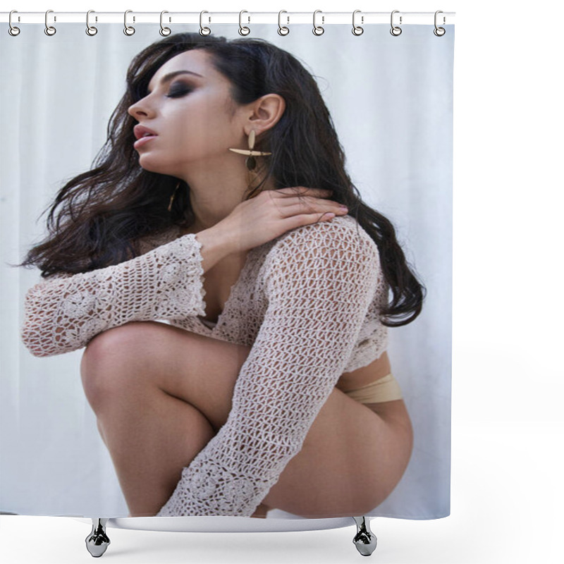 Personality  A Young Woman With Long Brunette Hair Poses In A White Knitted Top Against A White Backdrop. Shower Curtains