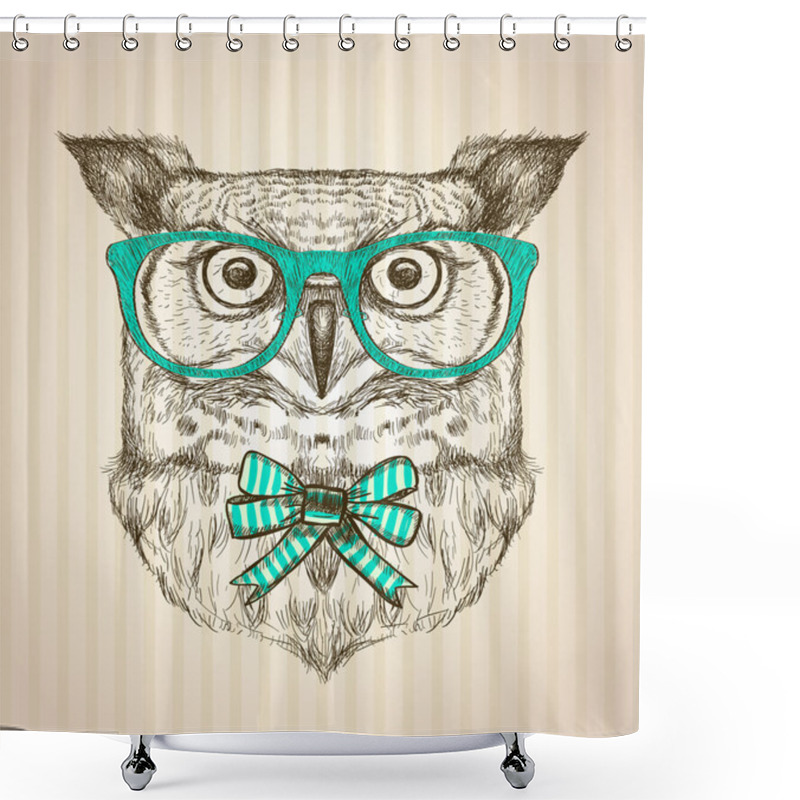 Personality  Cute Card With Hand Drawn Hipster Owl Dressed In Green Glasses. Shower Curtains