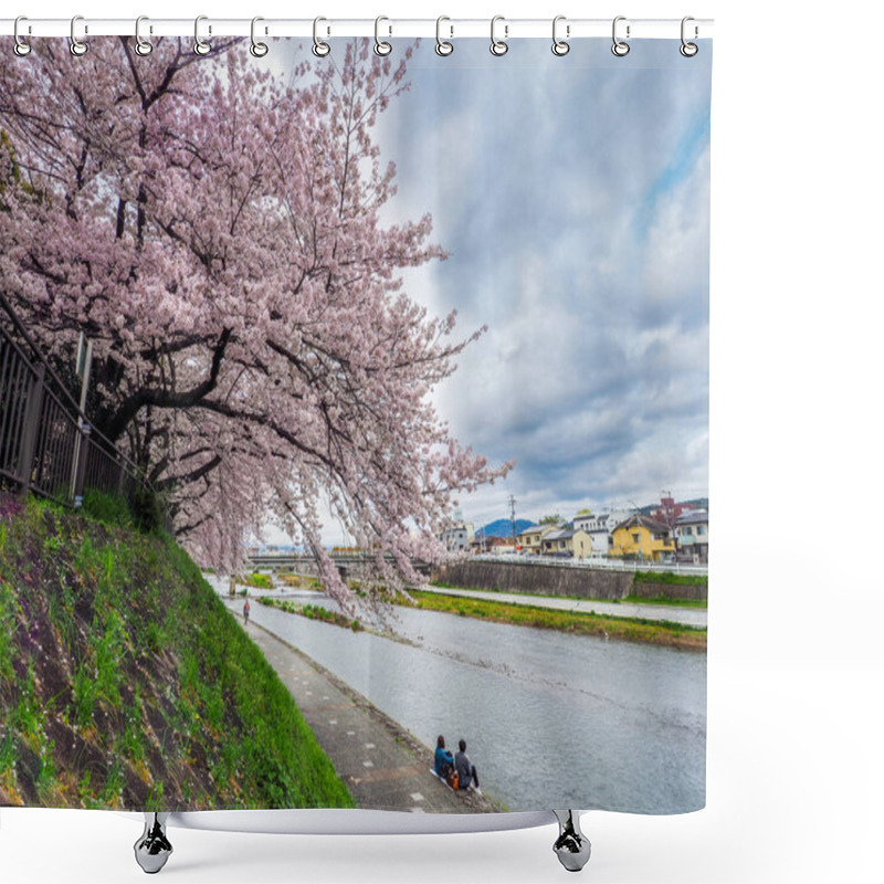 Personality  JAPAN, KYOTO - APRIL 9, 2017: Full Bloom Cherry Blossoms By The Banks Of Kamo River In Kyoto, Japan Shower Curtains