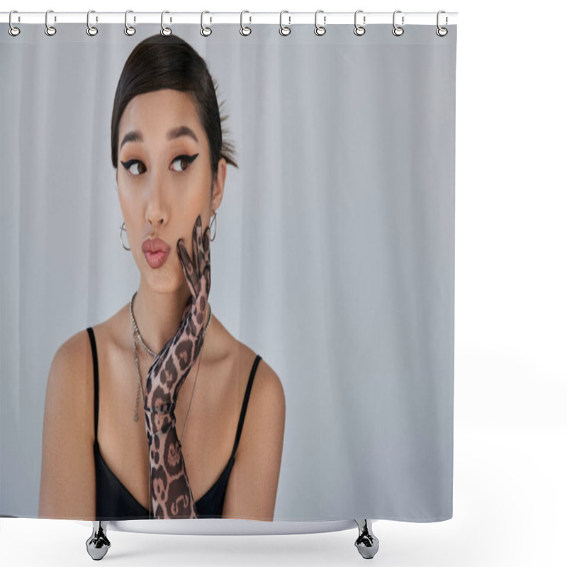 Personality  Portrait Of Young Asian Woman In Black Strap Dress, Silver Necklaces And Animal Print Glove, With Thoughtful And Skeptical Face Expression Looking Away On Grey Background, Spring Fashion Photography Shower Curtains