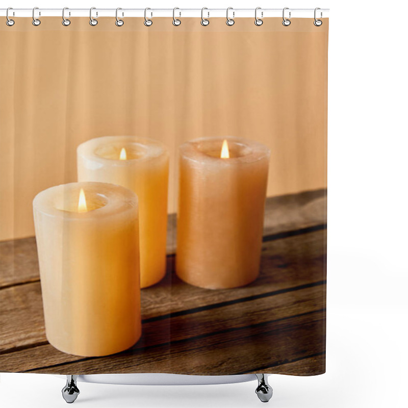 Personality  Three Burning Candles On Wooden Table On Beige  Shower Curtains