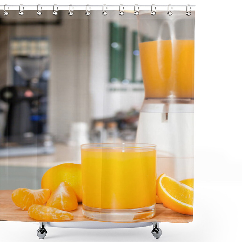 Personality  Bright Orange Juice Is Served In A Glass Beside Fresh Citrus Fruits, Showcasing A Lively Kitchen Setting With Modern Appliances. Shower Curtains