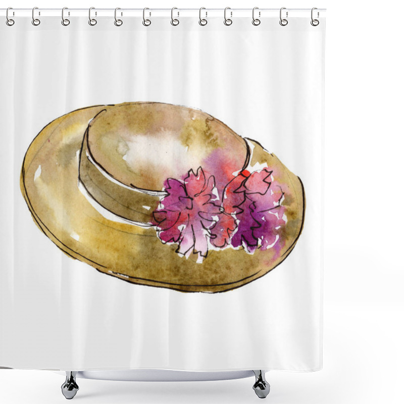 Personality  Hat With Flowers Sketch Fashion Glamour Illustration. Clothes Accessories Set Trendy Outfit. Watercolor Background Set. Watercolour Drawing Fashion Aquarelle. Isolated Hat Illustration Element. Shower Curtains