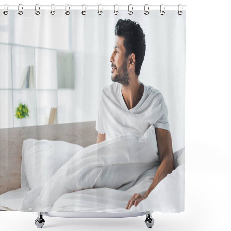 Personality  Handsome And Smiling Bi-racial Man Looking Away In Morning  Shower Curtains