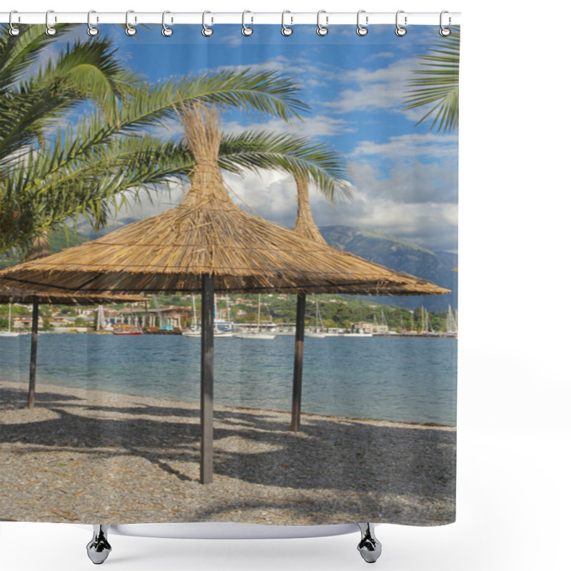 Personality  Straw Sunshades And Palm Leafs On The Beach In Montenegro Shower Curtains