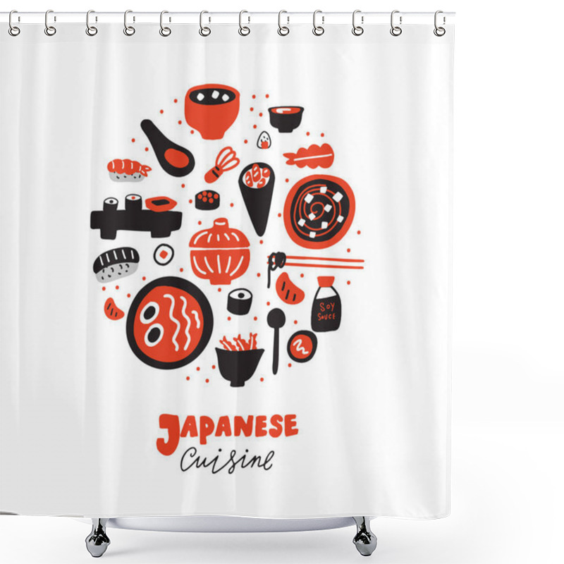 Personality  Japanese Cuisine. Hand Drawn Illustration In Circle, Isolated On White Background. Restaurant Promorion. Vector. Shower Curtains