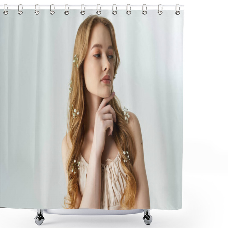 Personality  A Beautiful Young Woman Poses Delicately, Adorned With Flowers In Her Hair. Shower Curtains