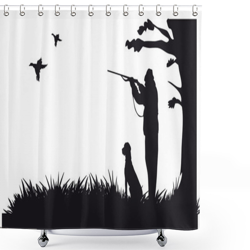 Personality  Hunter With Dog Hunting Animals In The Forest - Black And White Silhouette Shower Curtains