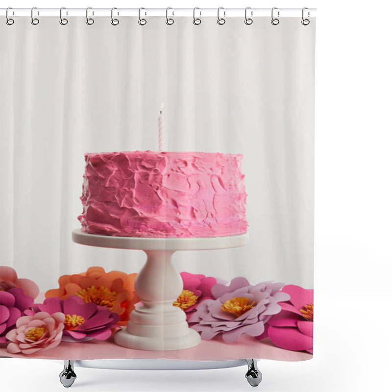 Personality  Delicious Pink Birthday Cake With Candle On Cake Stand Near Paper Flowers Isolated On Grey Shower Curtains