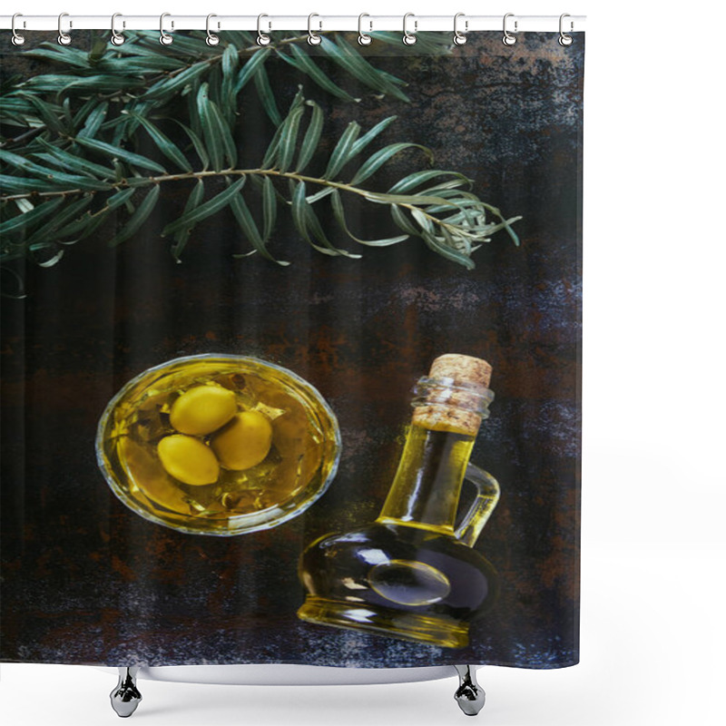 Personality  Top View Of Olive Oil In Glass And Jar On Shabby Surface Shower Curtains