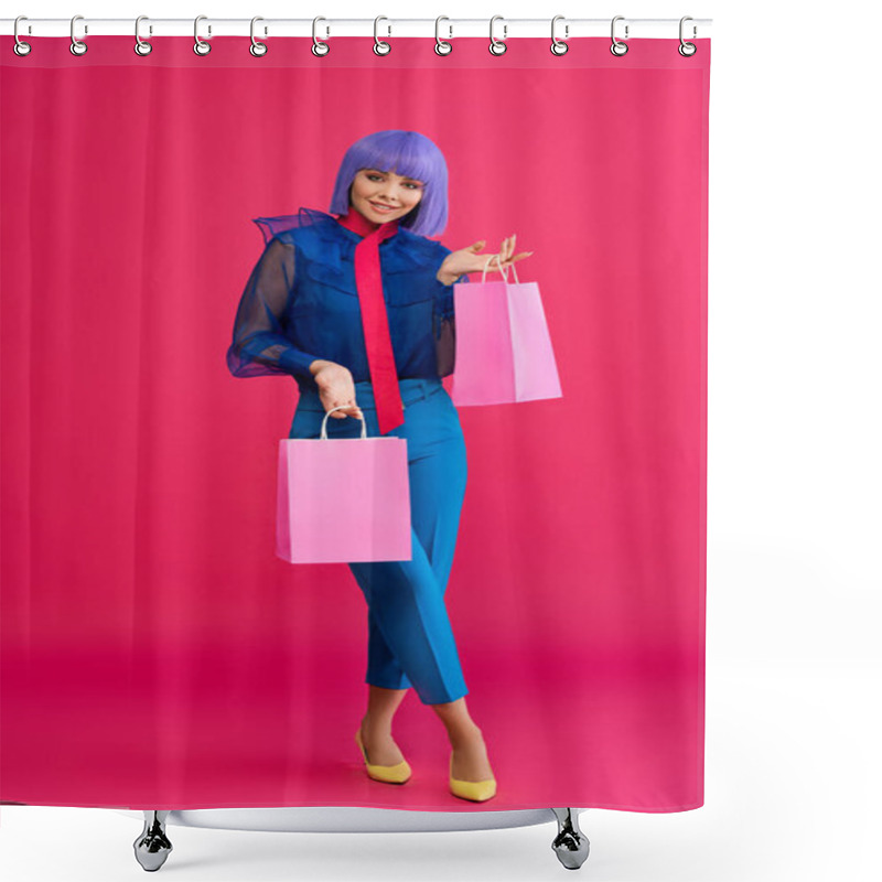 Personality  Fashionable Girl In Purple Wig Holding Shopping Bags, On Pink Shower Curtains