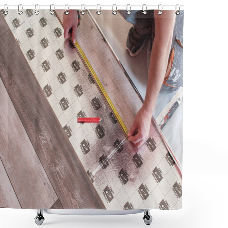 Personality  Laying A Floating Floor, Including Sound Insulation, Man Measures The Distance By The Meter Shower Curtains