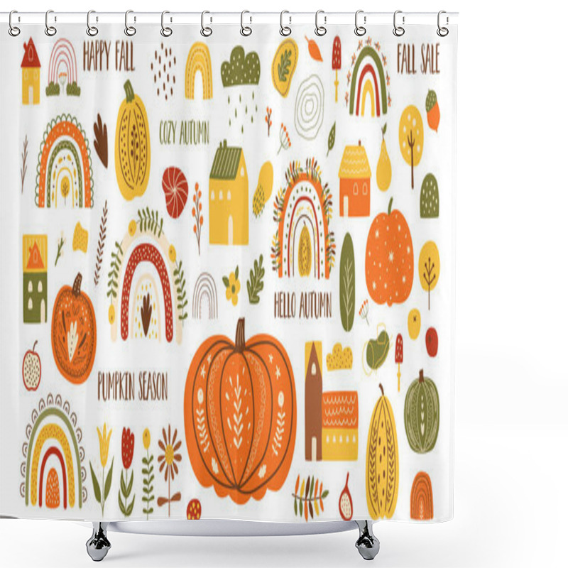 Personality  Autumn Elements Vector Set. Autumn Rainbows, Pumpkins, Houses. Fall Clipart, Harvest Set, Fall Season Elements Shower Curtains