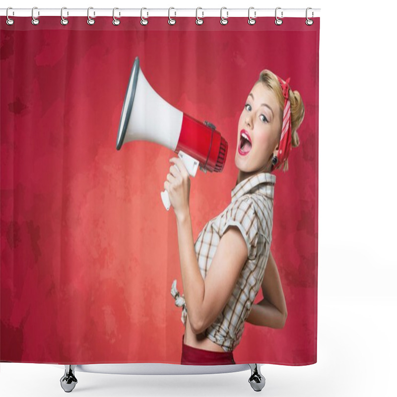 Personality  Portrait Of Woman Holding Megaphone Shower Curtains