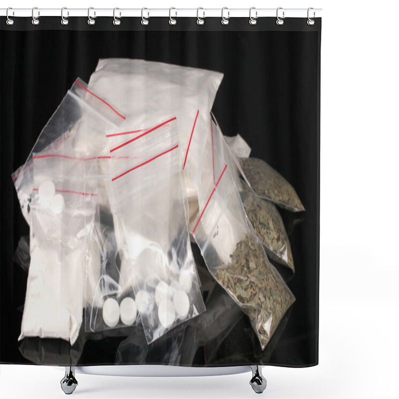 Personality  Cocaine And Marihuana In Packages On Black Background Shower Curtains