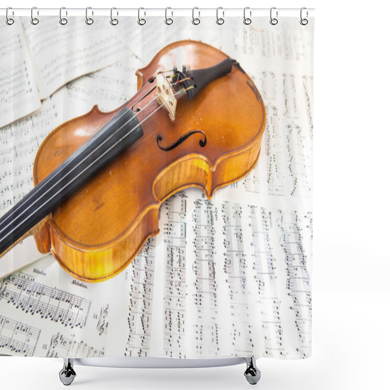 Personality  Old Violin Lying On The Sheet Of Music Shower Curtains