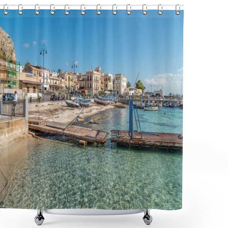 Personality  Mondello - Palermo, Sicily, Italy - October 9, 2017: Small Port With Fishing Boats In The Center Of Mondello Near Center Of City Palermo. Shower Curtains