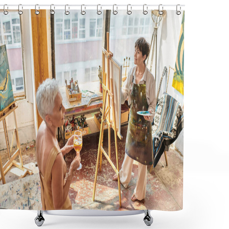 Personality  Inspired Mature Artist Painting Graceful Model With Wine Glass In Art Workshop, Creative Process Shower Curtains