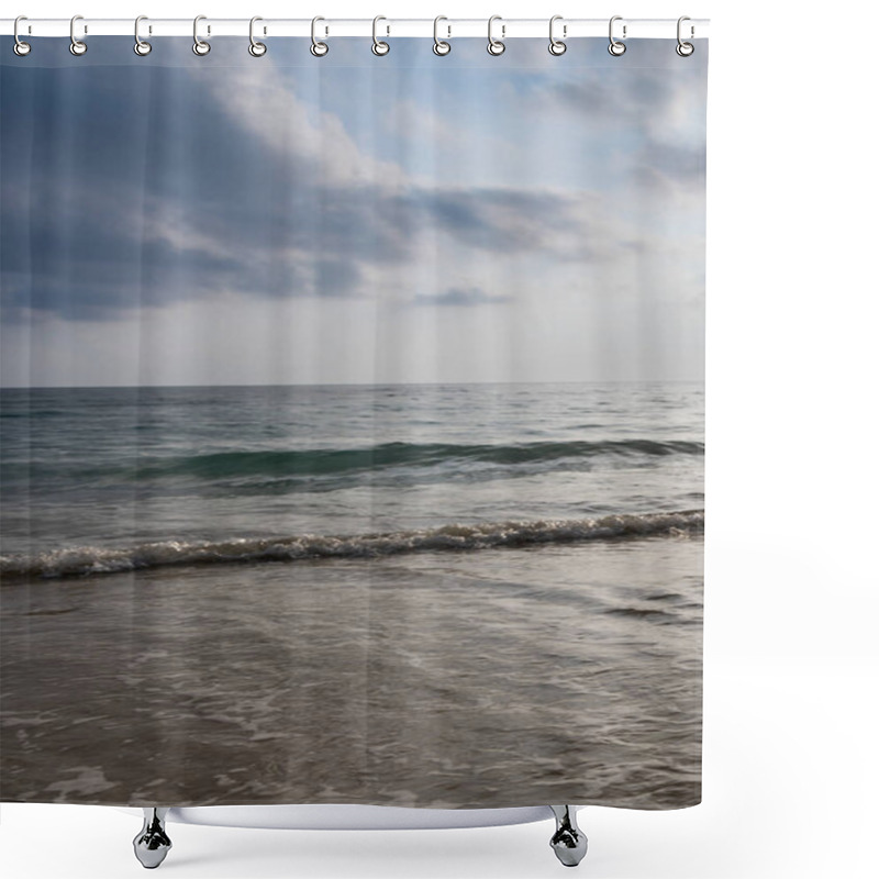 Personality  Sea Horizon With Bright Sunrise Blue Sky From Sandy Beach And Rolling Waves At Morning Shower Curtains