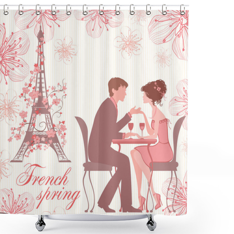 Personality  French Spring Vector Illustration With Couple On Cafe Shower Curtains