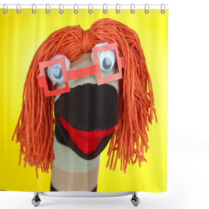 Personality  Cute Sock Puppet On Yellow Background Shower Curtains