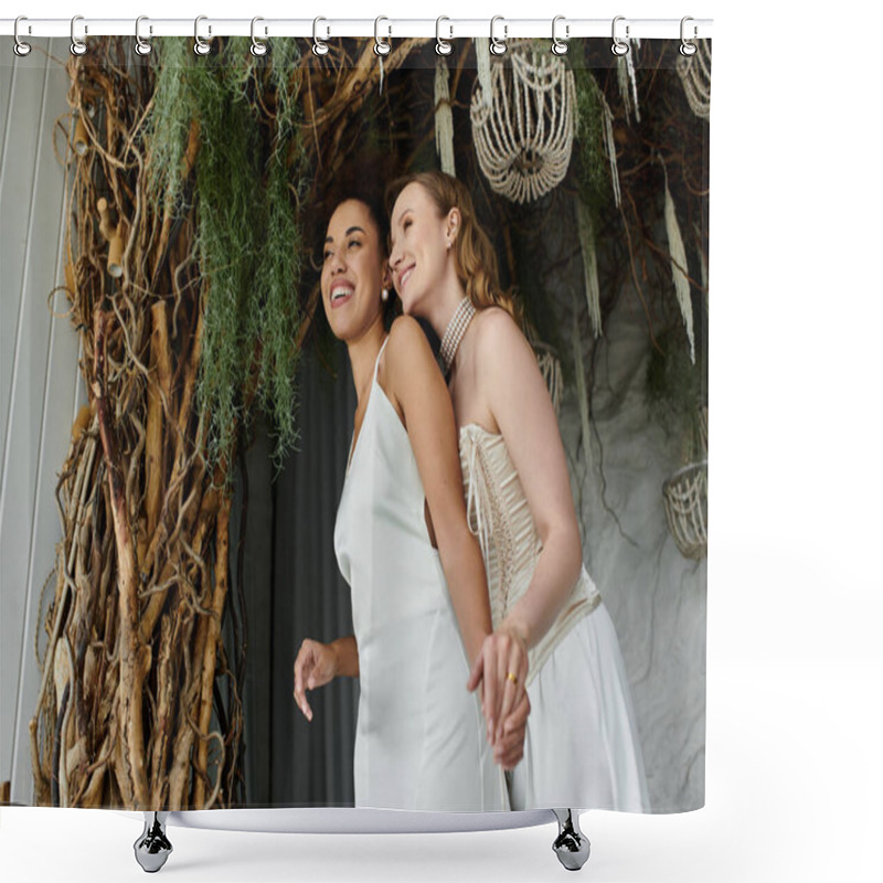 Personality  Two Brides Stand Smiling At Their Wedding Ceremony. Shower Curtains