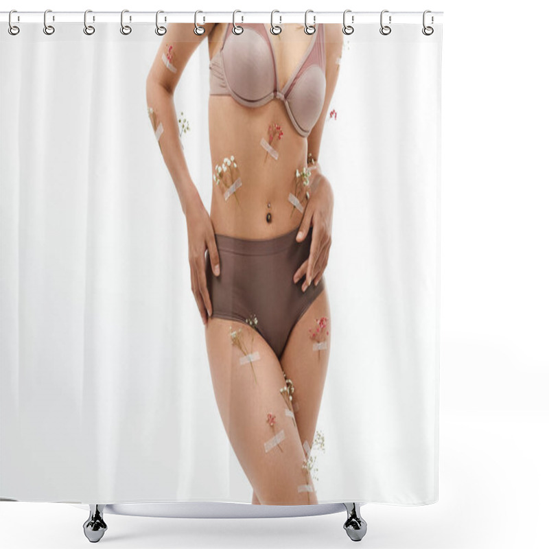 Personality  African American Woman Posing With Flowers On Body And Underwear. Shower Curtains