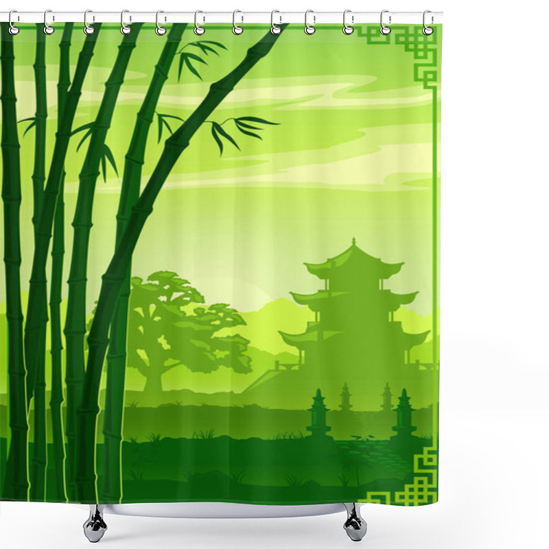 Personality  Green Vector Background, Illustration, Asia, China Temple And Bamboo Shower Curtains