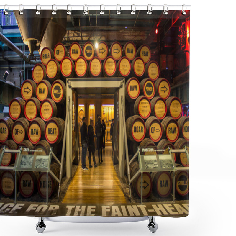 Personality  DUBLIN, IRELAND - FEBRUARY 7, 2017: People Visiting The Interior Of The Guinness Storehouse. Wooden Barrels Of Beer Shower Curtains