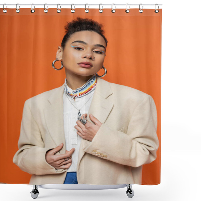 Personality  Attractive African American Woman With Vivid Makeup And Accessories In Blazer Looking At Camera Shower Curtains