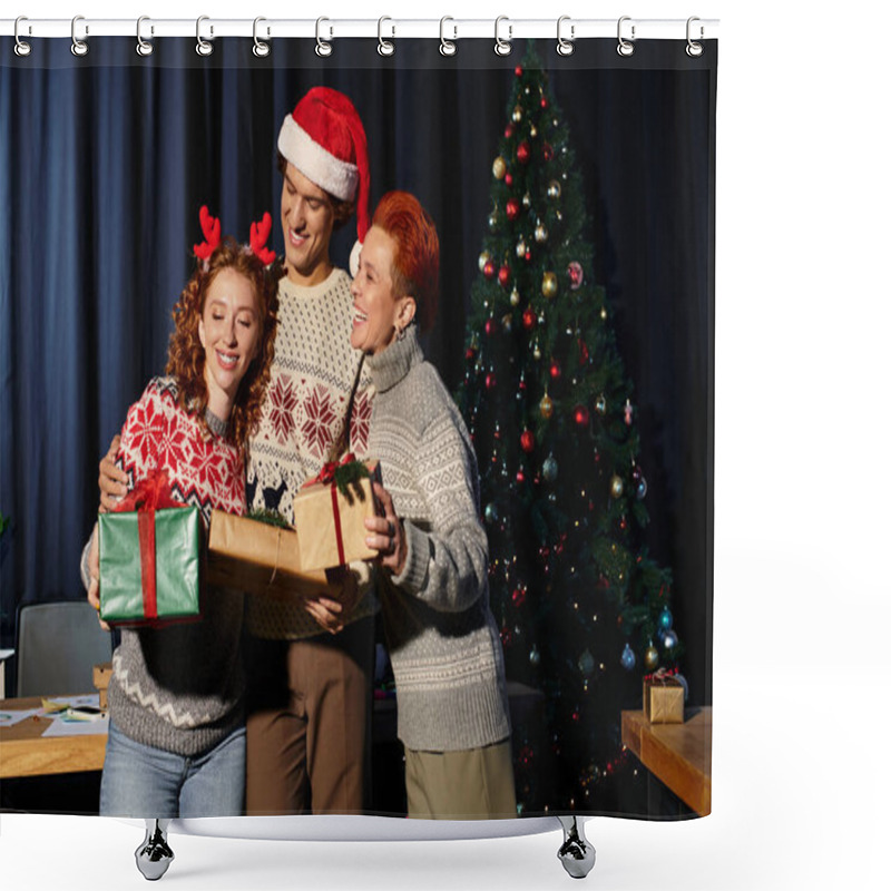 Personality  A Group Of Young Coworkers Shares Laughter And Presents In A Cozy Office Decorated For Christmas. Shower Curtains