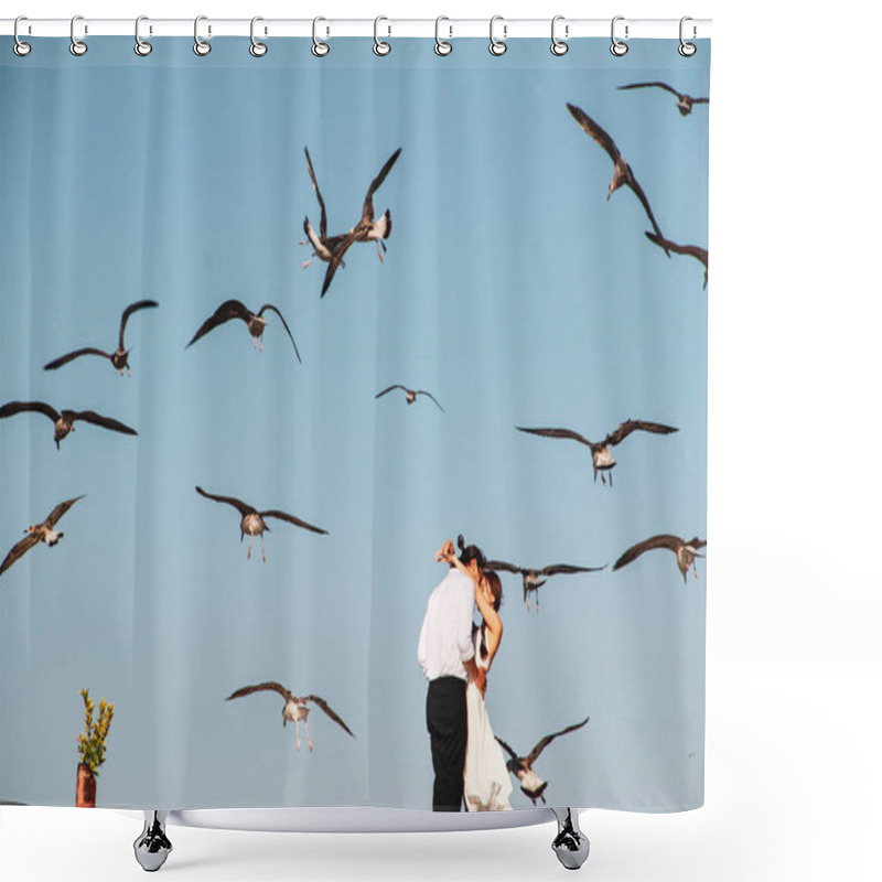 Personality  Lovely Couple Hugging On The Roof With Seagull Background At Bosphorus Shower Curtains