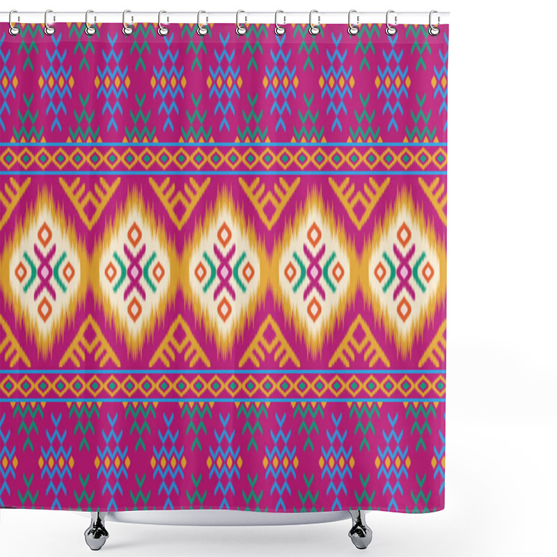 Personality  Colorful Of Ikat Pattern, Thai Art Design, Ikat Ornament Style, Ikat Print. Abstract Geometric Seamless Pattern Background Traditional Ethic For Clothing, Fabric, Textile, Fashion. Shower Curtains