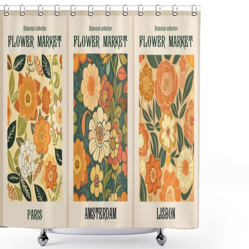 Personality  Set Of Abstract Flower Market Posters. Trendy Botanical Wall Arts With Floral Design In Earth Tone Colors. Modern Naive Groovy Funky Interior Decorations, Paintings. Vector Art Illustration. Shower Curtains