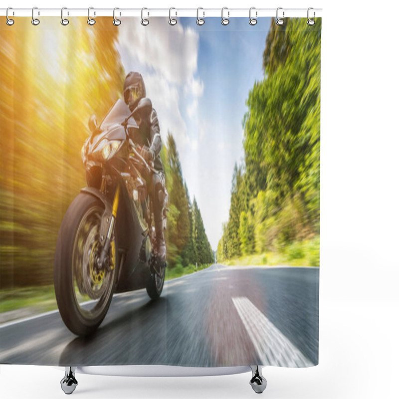 Personality  Motorbike On The Forest Road Riding. Having Fun Driving The Empty Road On A Motorcycle Tour Journey. Copyspace For Your Individual Text. Shower Curtains