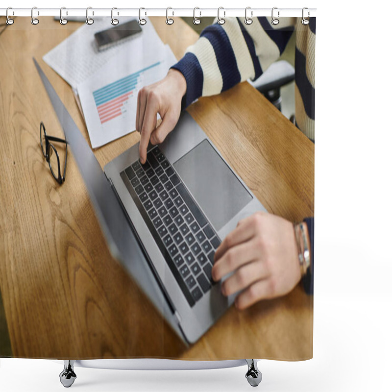 Personality  A Young Redhead Man In A Striped Sweater Focuses On His Laptop At A Corporate Office Desk. Shower Curtains