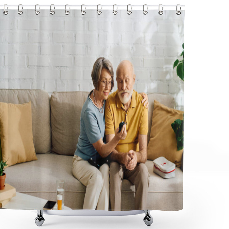 Personality  A Loving Wife Assists Her Husband In Managing Diabetes, Showcasing Their Strong Bond At Home. Shower Curtains