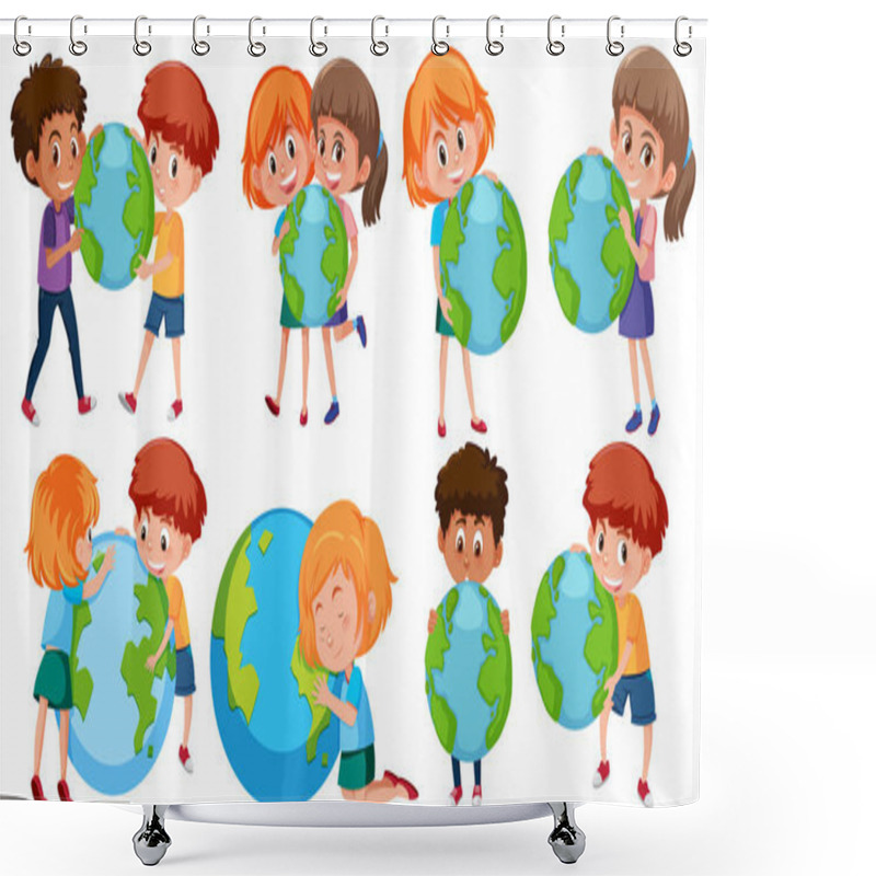 Personality  Happy Boys And Girls Holding Earth On White Background Illustration Shower Curtains