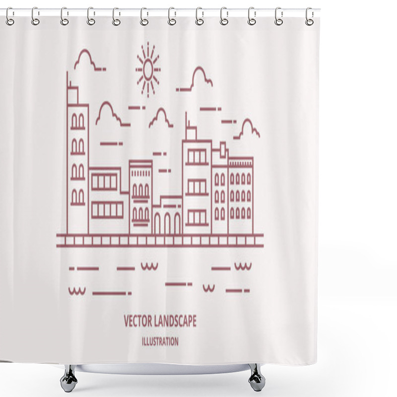 Personality  Cityscape In Modern Flat Line Vector. Thin Line City Landscape With Building, Clouds, Sun, River. Vector Illustration.  Shower Curtains