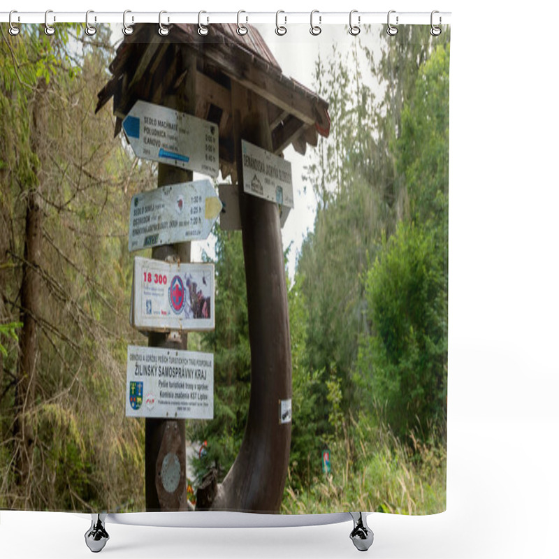 Personality  Directional Signpost In Slovak Forest For Tourists, Hiking Trail Signs With Nature Background, Slovakia Mountain Travel Guide, Forest Navigation, Exploration Shower Curtains