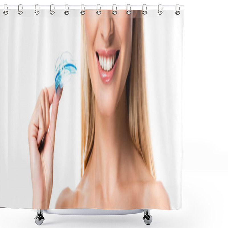 Personality  Cropped View Of Smiling Blonde Woman With White Teeth Holding Mouth Guard Isolated On White Shower Curtains