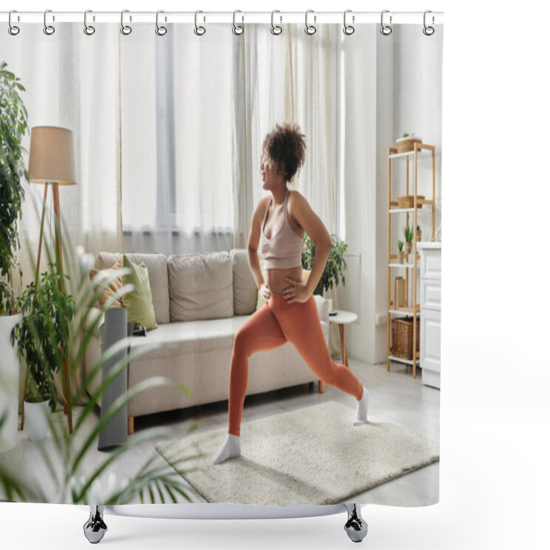 Personality  A Young Woman Stretches Gracefully In Her Cozy, Sunlit Space. Shower Curtains