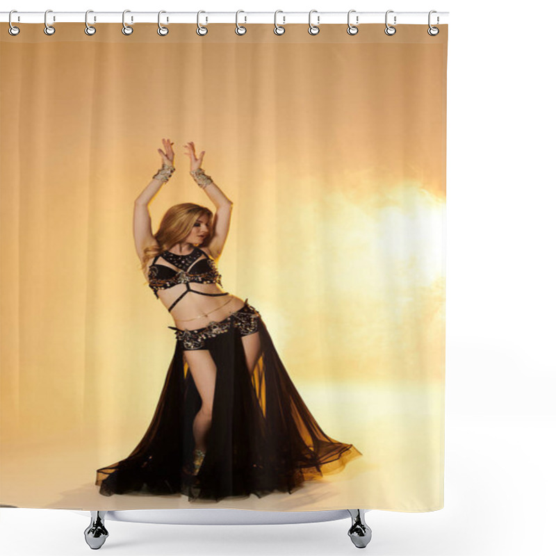 Personality  A Captivating Woman In A Belly Dance Costume Strikes A Pose. Shower Curtains